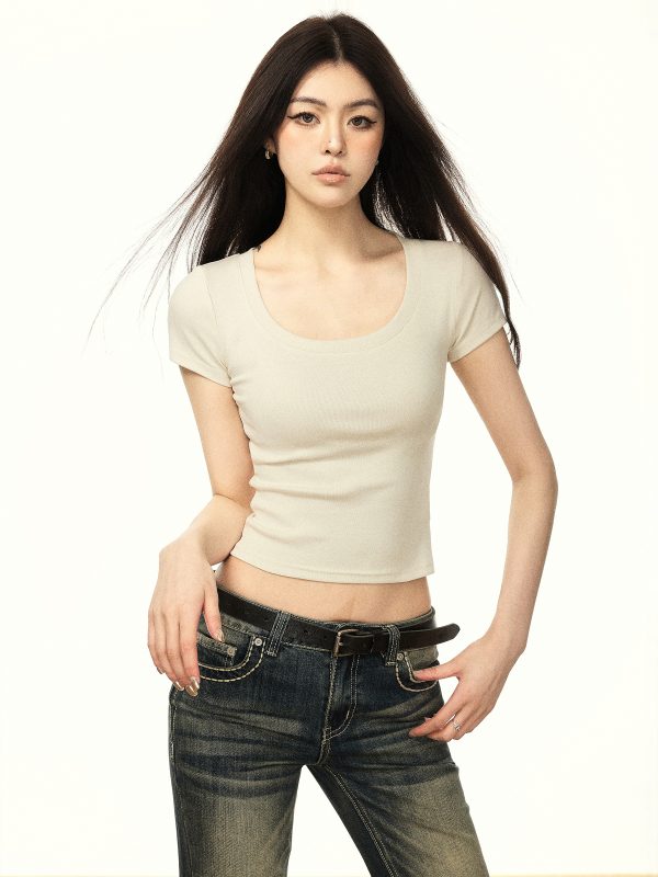 Minimalist White U-Neck Short Sleeve Cropped T-Shirt for Women - Summer Thin Slim Fit Pure Cotton Top