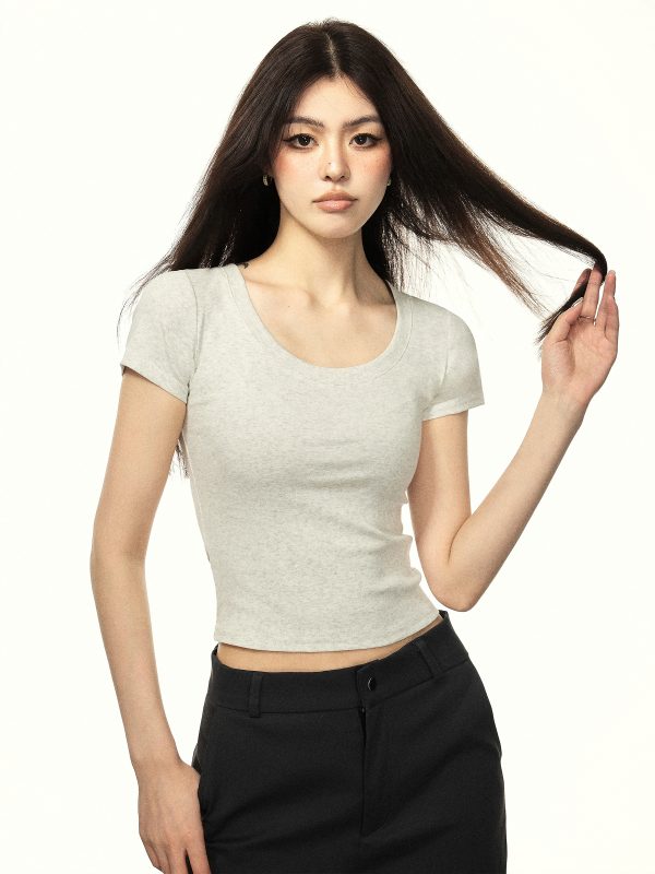 Minimalist White U-Neck Short Sleeve Cropped T-Shirt for Women - Summer Thin Slim Fit Pure Cotton Top