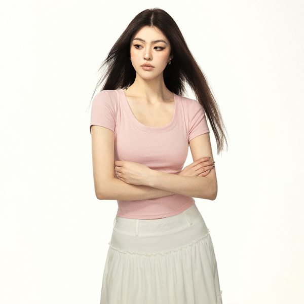 Minimalist White U-Neck Short Sleeve Cropped T-Shirt for Women - Summer Thin Slim Fit Pure Cotton Top