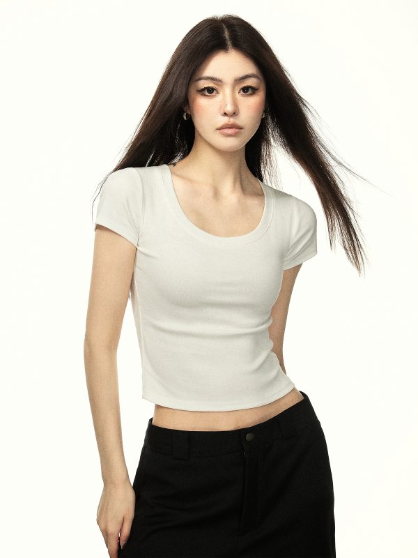 Minimalist White U-Neck Short Sleeve Cropped T-Shirt for Women - Summer Thin Slim Fit Pure Cotton Top