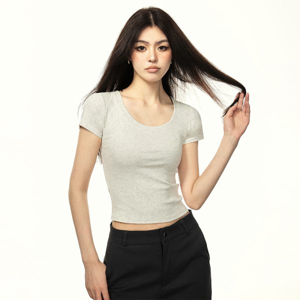 Minimalist White U-Neck Short Sleeve Cropped T-Shirt for Women - Summer Thin Slim Fit Pure Cotton Top