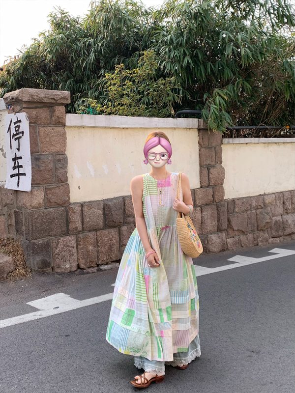 Mint Candy Retro Tencel Linen Vest Dress for Women - Summer Loose A-Line Long Skirt in Vintage Style