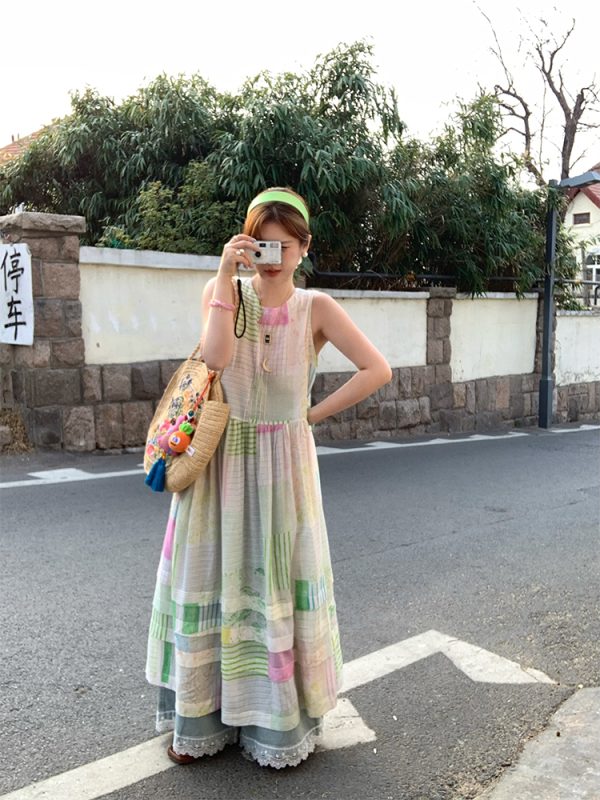 Mint Candy Retro Tencel Linen Vest Dress for Women - Summer Loose A-Line Long Skirt in Vintage Style