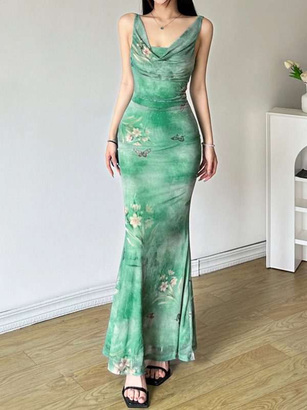 Mint Gradient Butterfly Strap Dress - Women's Fish Tail Long Skirt for Fresh Feel - Trendy Y2K Style