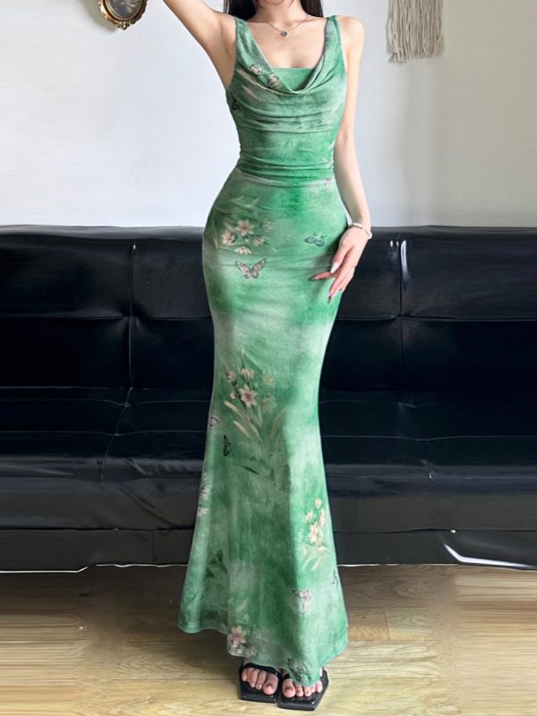 Mint Gradient Butterfly Strap Dress - Women's Fish Tail Long Skirt for Fresh Feel - Trendy Y2K Style