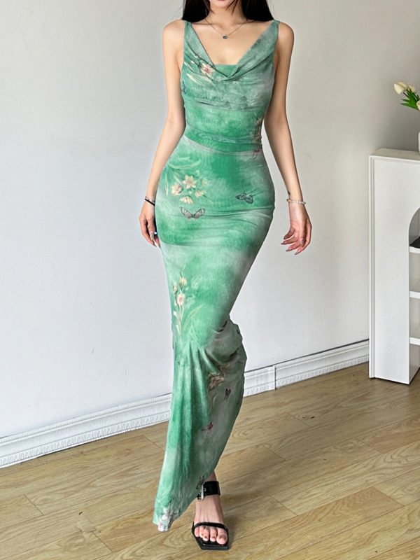 Mint Gradient Butterfly Strap Dress - Women's Fish Tail Long Skirt for Fresh Feel - Trendy Y2K Style