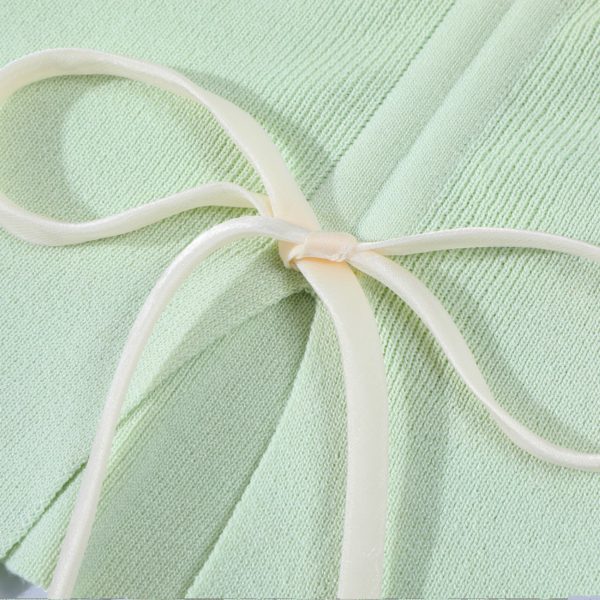 Mint Green Short Sleeve Top for Women, Summer Floral Design with Drawstring, 3D Flower Knitted Blouse, Trendy Korean Style.