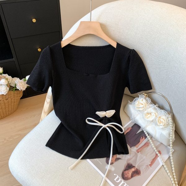 Mint Green Short Sleeve Top for Women, Summer Floral Design with Drawstring, 3D Flower Knitted Blouse, Trendy Korean Style.