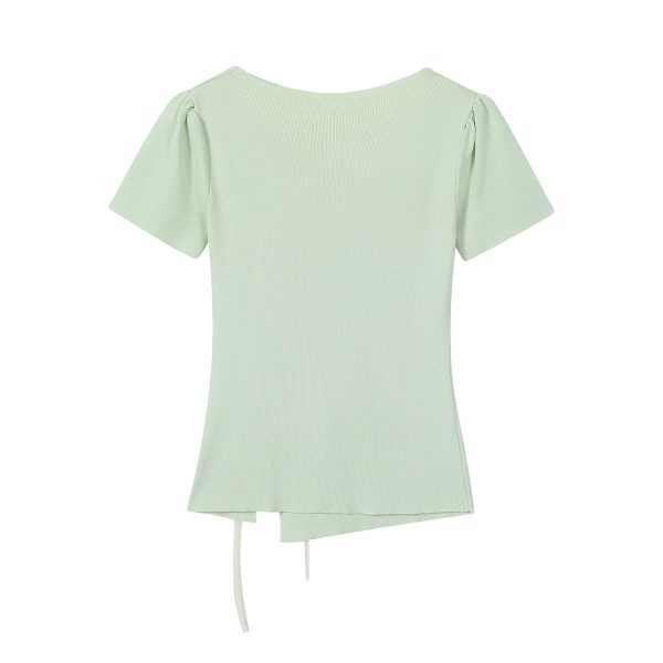 Mint Green Short Sleeve Top for Women, Summer Floral Design with Drawstring, 3D Flower Knitted Blouse, Trendy Korean Style.