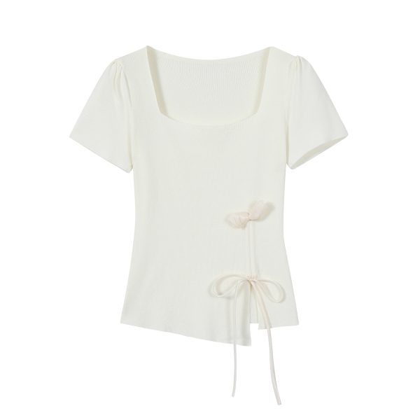 Mint Green Short Sleeve Top for Women, Summer Floral Design with Drawstring, 3D Flower Knitted Blouse, Trendy Korean Style.