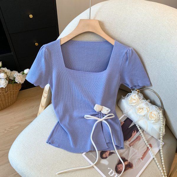 Mint Green Short Sleeve Top for Women, Summer Floral Design with Drawstring, 3D Flower Knitted Blouse, Trendy Korean Style.