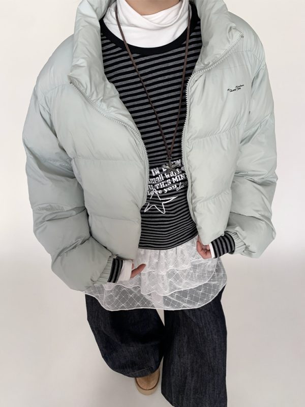 Mint Sea Salt Green Stand Collar Short Loose Versatile Puffer Jacket for Autumn Winter Fashion