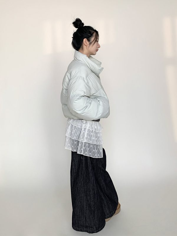 Mint Sea Salt Green Stand Collar Short Loose Versatile Puffer Jacket for Autumn Winter Fashion