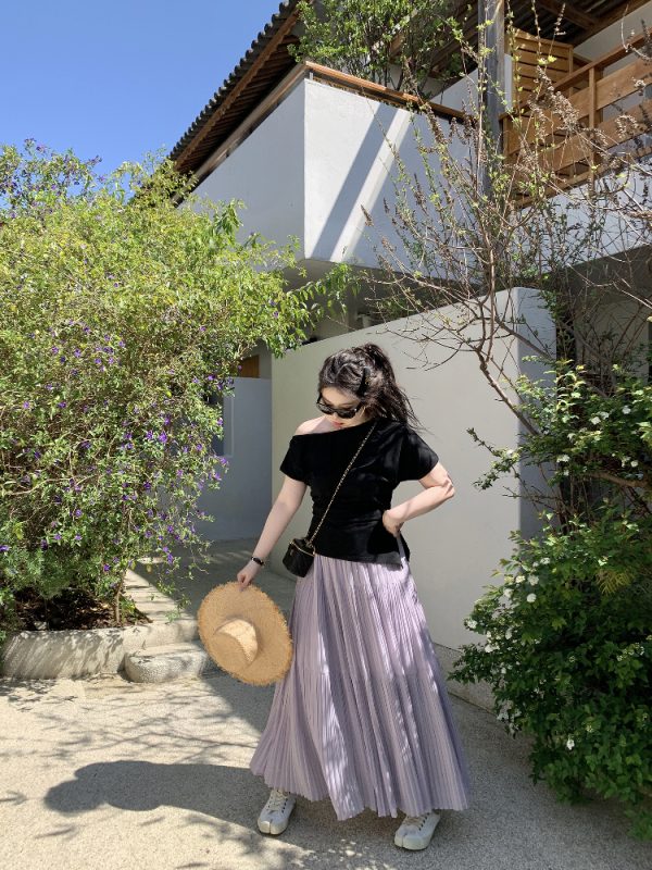 Misty Purple Plus Size Mid-Length Loose Draped Skirt - Flowing White Umbrella Design for Effortless Style