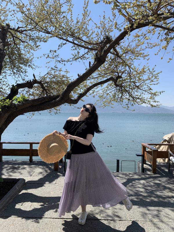 Misty Purple Plus Size Mid-Length Loose Draped Skirt - Flowing White Umbrella Design for Effortless Style