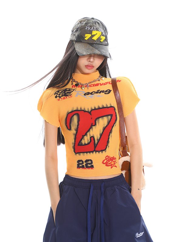 Motorcycle Street Hot Girl Digital Print Short Sleeve T-Shirt for Women - Summer Textured Fabric, High Elasticity, Y2K Style Top