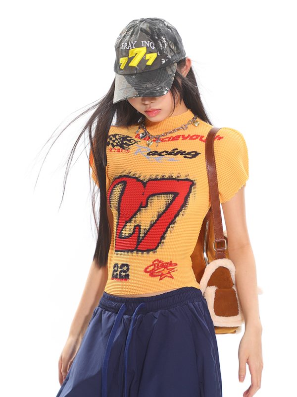 Motorcycle Street Hot Girl Digital Print Short Sleeve T-Shirt for Women - Summer Textured Fabric, High Elasticity, Y2K Style Top