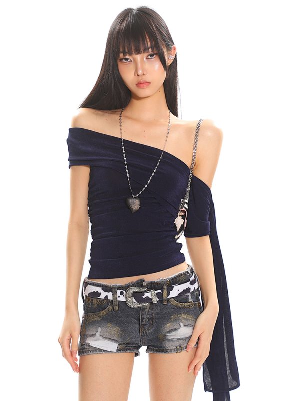 Multi-Way Slanted Shoulder One-Shoulder Top - Women's Summer Sparkling Mesh Vest, Trendy Y2K Style