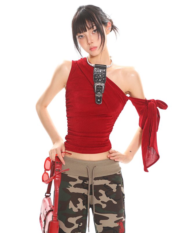 Multi-Way Slanted Shoulder One-Shoulder Top - Women's Summer Sparkling Mesh Vest, Trendy Y2K Style