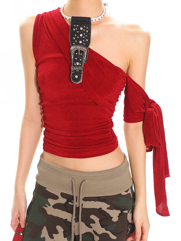 Multi-Way Slanted Shoulder One-Shoulder Top - Women's Summer Sparkling Mesh Vest, Trendy Y2K Style