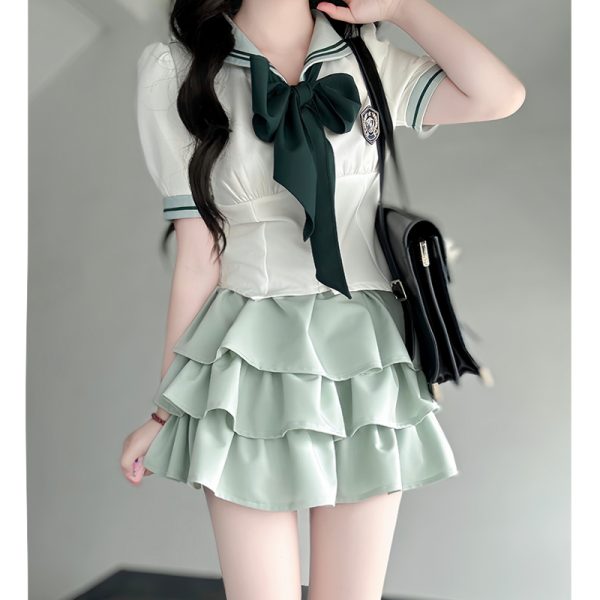 Navy Blue JK Uniform Sailor Suit with Pink Short Sleeve Top & Skirt Set - Women's College Style Pudding Bear Inspired Fashion