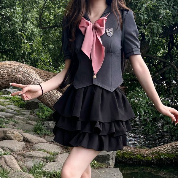 Navy Blue JK Uniform Sailor Suit with Pink Short Sleeve Top & Skirt Set - Women's College Style Pudding Bear Inspired Fashion