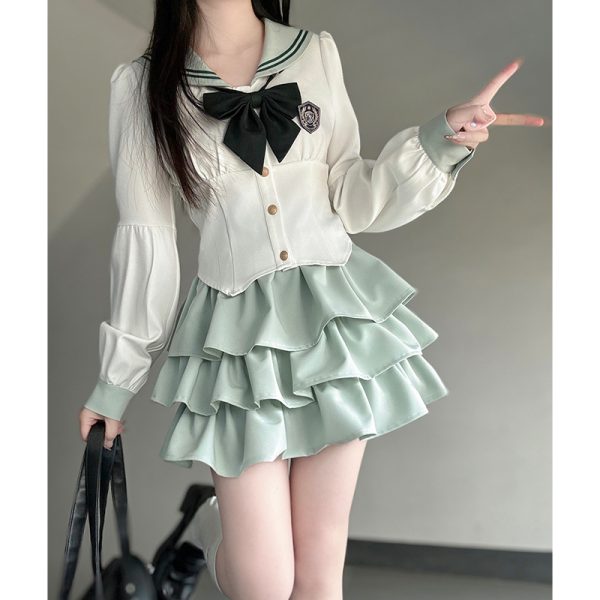Navy Blue JK Uniform Sailor Suit with Pink Short Sleeve Top & Skirt Set - Women's College Style Pudding Bear Inspired Fashion