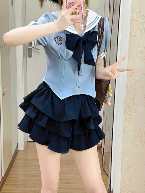 Navy Blue JK Uniform Sailor Suit with Pink Short Sleeve Top & Skirt Set - Women's College Style Pudding Bear Inspired Fashion