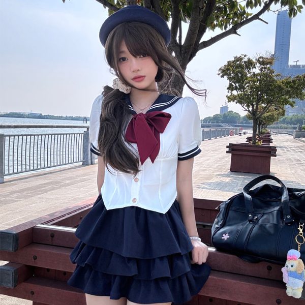 Navy Blue JK Uniform Sailor Suit with Pink Short Sleeve Top & Skirt Set - Women's College Style Pudding Bear Inspired Fashion