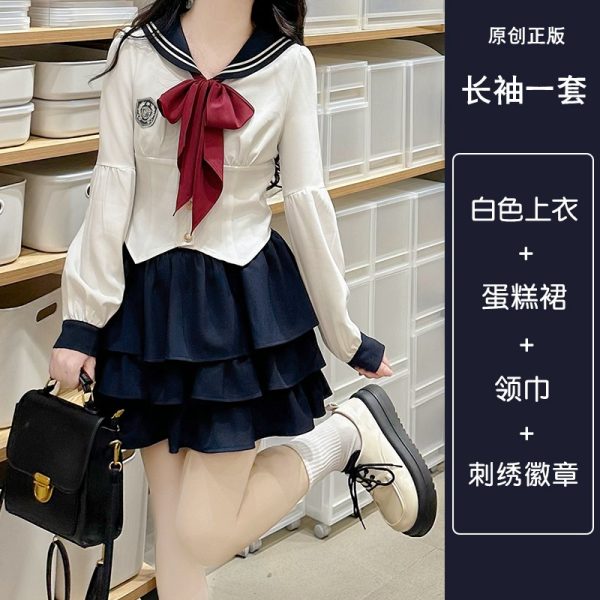 Navy Blue JK Uniform Sailor Suit with Pink Short Sleeve Top & Skirt Set - Women's College Style Pudding Bear Inspired Fashion
