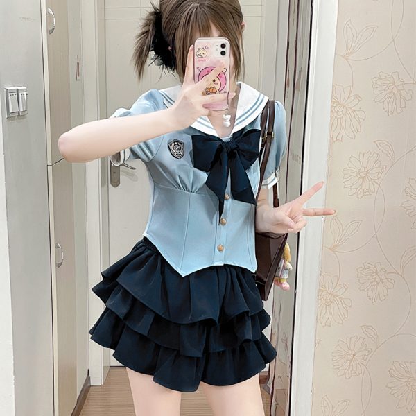 Navy Blue JK Uniform Sailor Suit with Pink Short Sleeve Top & Skirt Set - Women's College Style Pudding Bear Inspired Fashion