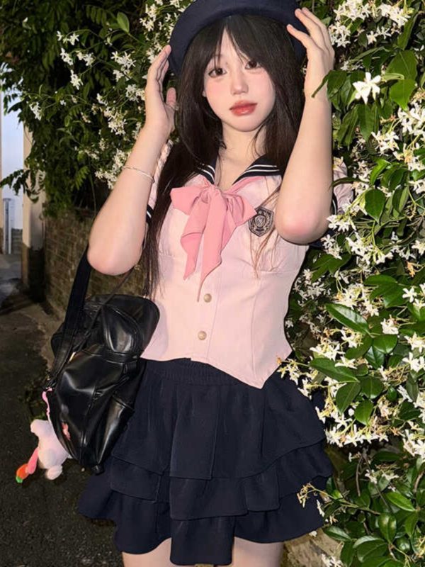 Navy Blue JK Uniform Sailor Suit with Pink Short Sleeve Top & Skirt Set - Women's College Style Pudding Bear Inspired Fashion