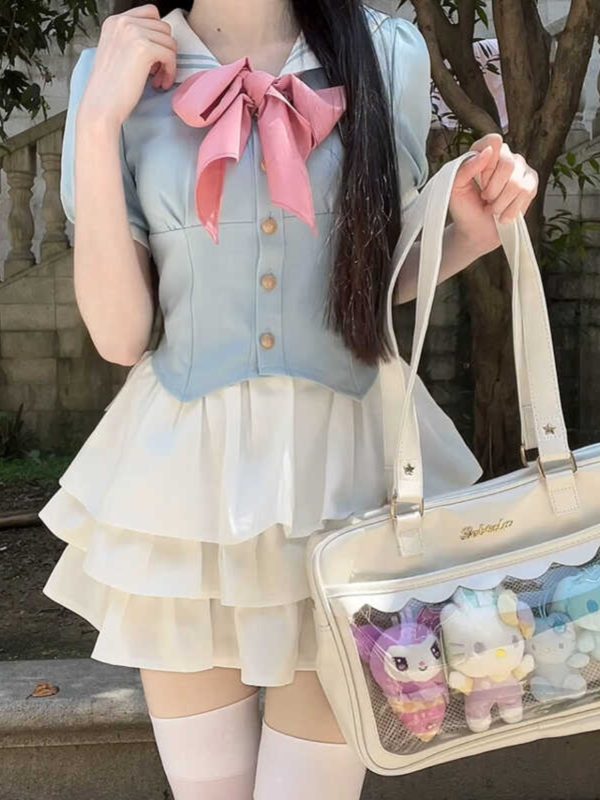 Navy Blue JK Uniform Sailor Suit with Pink Short Sleeve Top & Skirt Set - Women's College Style Pudding Bear Inspired Fashion