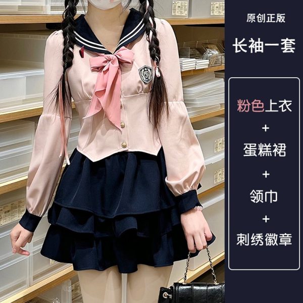 Navy Blue JK Uniform Sailor Suit with Pink Short Sleeve Top & Skirt Set - Women's College Style Pudding Bear Inspired Fashion