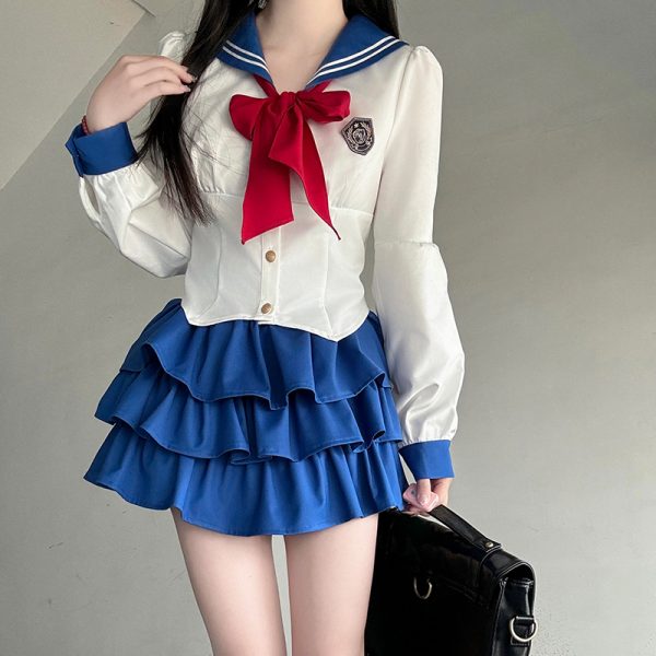Navy Blue JK Uniform Sailor Suit with Pink Short Sleeve Top & Skirt Set - Women's College Style Pudding Bear Inspired Fashion