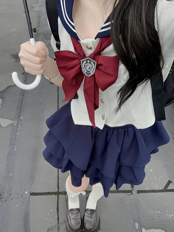 Navy Blue JK Uniform Sailor Suit with Pink Short Sleeve Top & Skirt Set - Women's College Style Pudding Bear Inspired Fashion