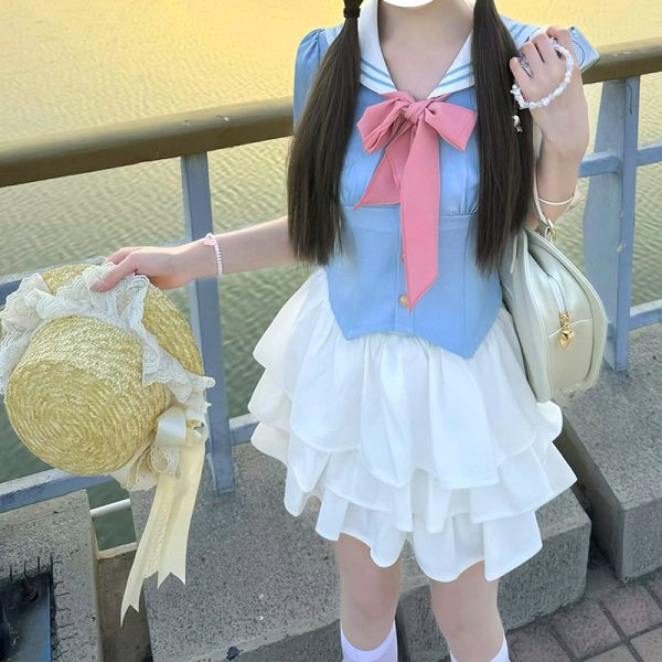 Navy Blue JK Uniform Sailor Suit with Pink Short Sleeve Top & Skirt Set - Women's College Style Pudding Bear Inspired Fashion