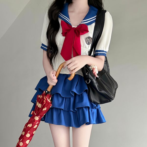 Navy Blue JK Uniform Sailor Suit with Pink Short Sleeve Top & Skirt Set - Women's College Style Pudding Bear Inspired Fashion