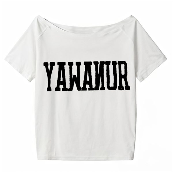 Navy Blue Off-Shoulder T-Shirt for Women, American Retro Summer Letter Print, Sexy Short Sleeves, Loose Slimming Style