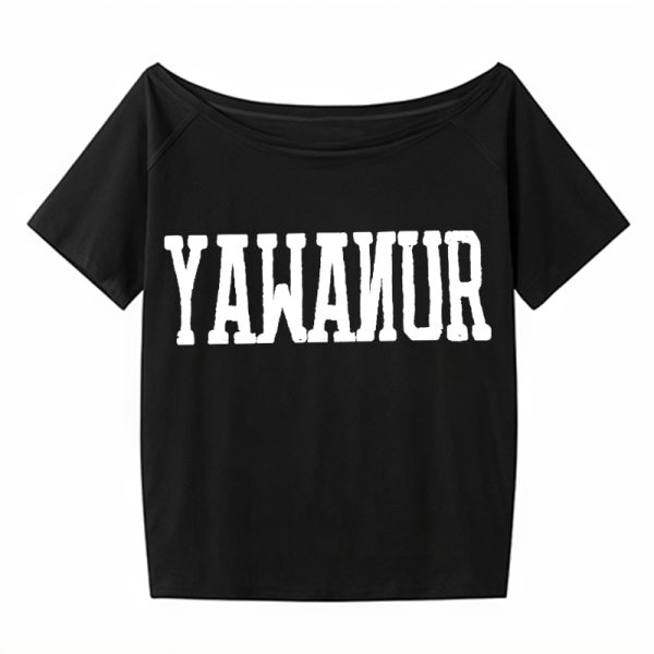Navy Blue Off-Shoulder T-Shirt for Women, American Retro Summer Letter Print, Sexy Short Sleeves, Loose Slimming Style