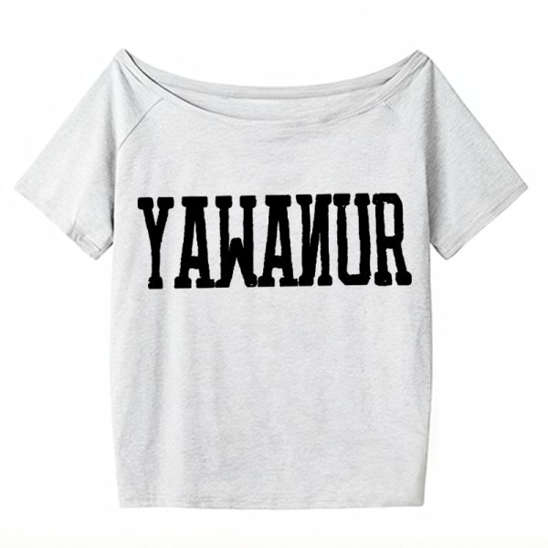 Navy Blue Off-Shoulder T-Shirt for Women, American Retro Summer Letter Print, Sexy Short Sleeves, Loose Slimming Style
