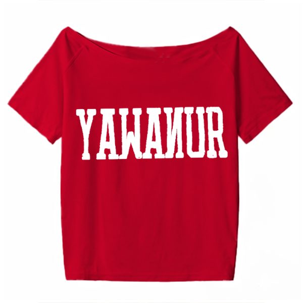Navy Blue Off-Shoulder T-Shirt for Women, American Retro Summer Letter Print, Sexy Short Sleeves, Loose Slimming Style