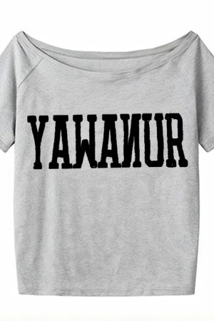 Navy Blue Off-Shoulder T-Shirt for Women, American Retro Summer Letter Print, Sexy Short Sleeves, Loose Slimming Style