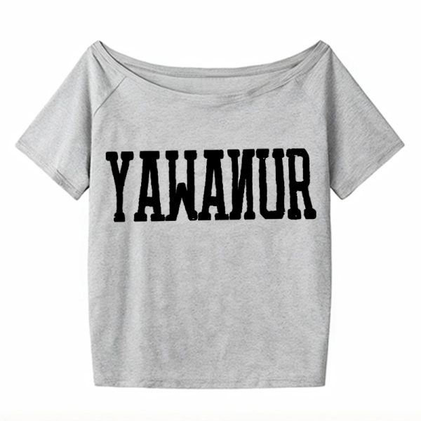 Navy Blue Off-Shoulder T-Shirt for Women, American Retro Summer Letter Print, Sexy Short Sleeves, Loose Slimming Style