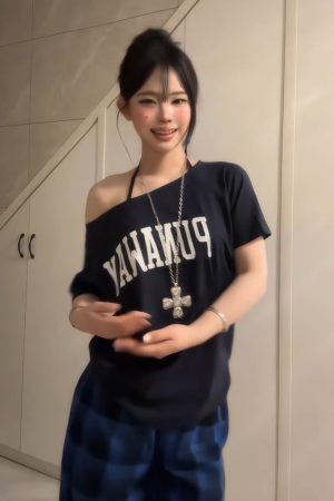 Navy Blue Off-Shoulder T-Shirt for Women, American Retro Summer Letter Print, Sexy Short Sleeves, Loose Slimming Style