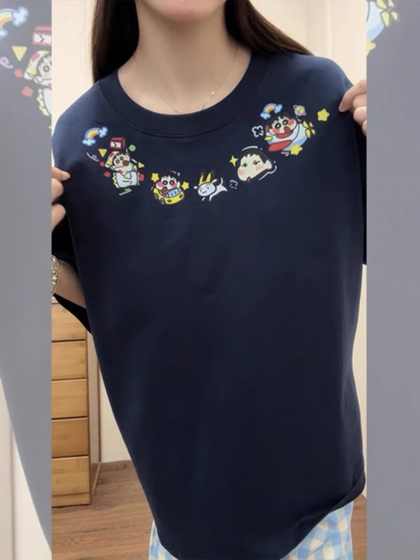 Navy Blue Oversized Crayon Shin-chan Short Sleeve T-Shirt for Women, Cute Cartoon Summer Top, Trendy Y2K Style