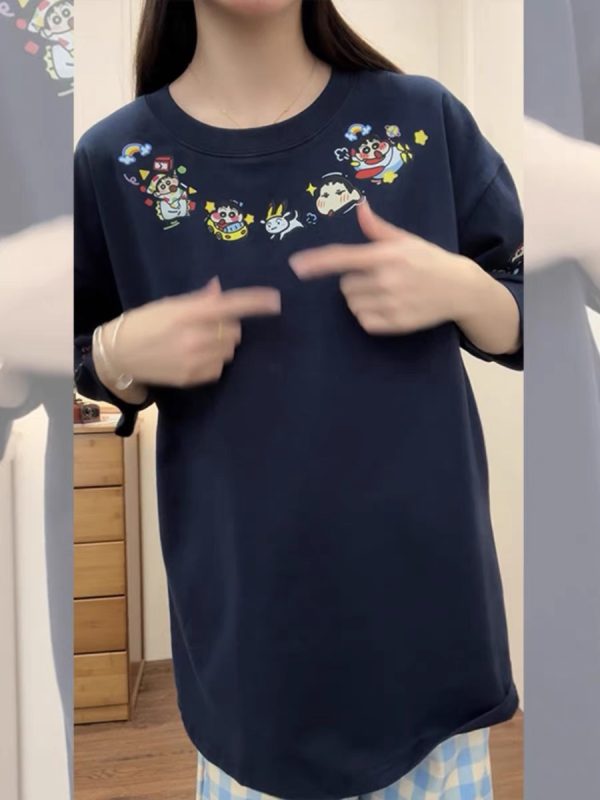 Navy Blue Oversized Crayon Shin-chan Short Sleeve T-Shirt for Women, Cute Cartoon Summer Top, Trendy Y2K Style
