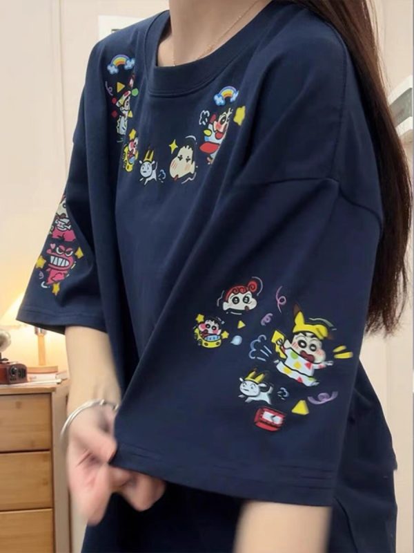 Navy Blue Oversized Crayon Shin-chan Short Sleeve T-Shirt for Women, Cute Cartoon Summer Top, Trendy Y2K Style