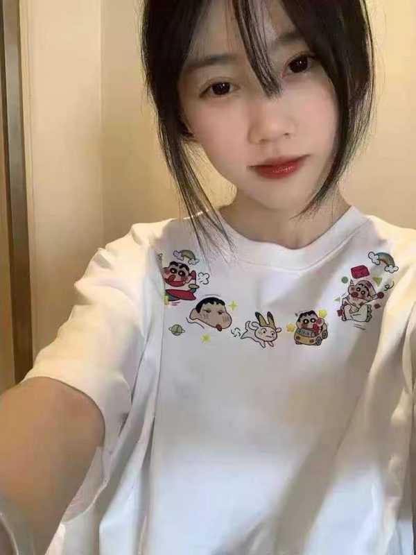 Navy Blue Oversized Crayon Shin-chan Short Sleeve T-Shirt for Women, Cute Cartoon Summer Top, Trendy Y2K Style
