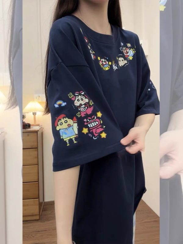 Navy Blue Oversized Crayon Shin-chan Short Sleeve T-Shirt for Women, Cute Cartoon Summer Top, Trendy Y2K Style